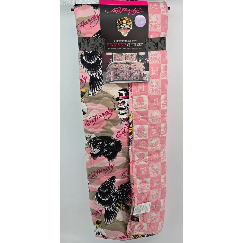 Ed Hardy Pink Camo Skull Tattoo 3pc Reversible Quilt Set Full Queen New